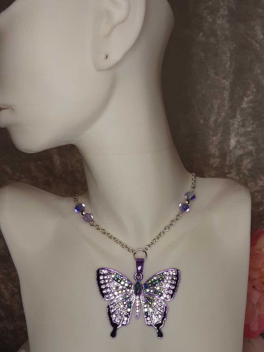 Handmade Butterfly Necklace Purple Crystals 20" Chain